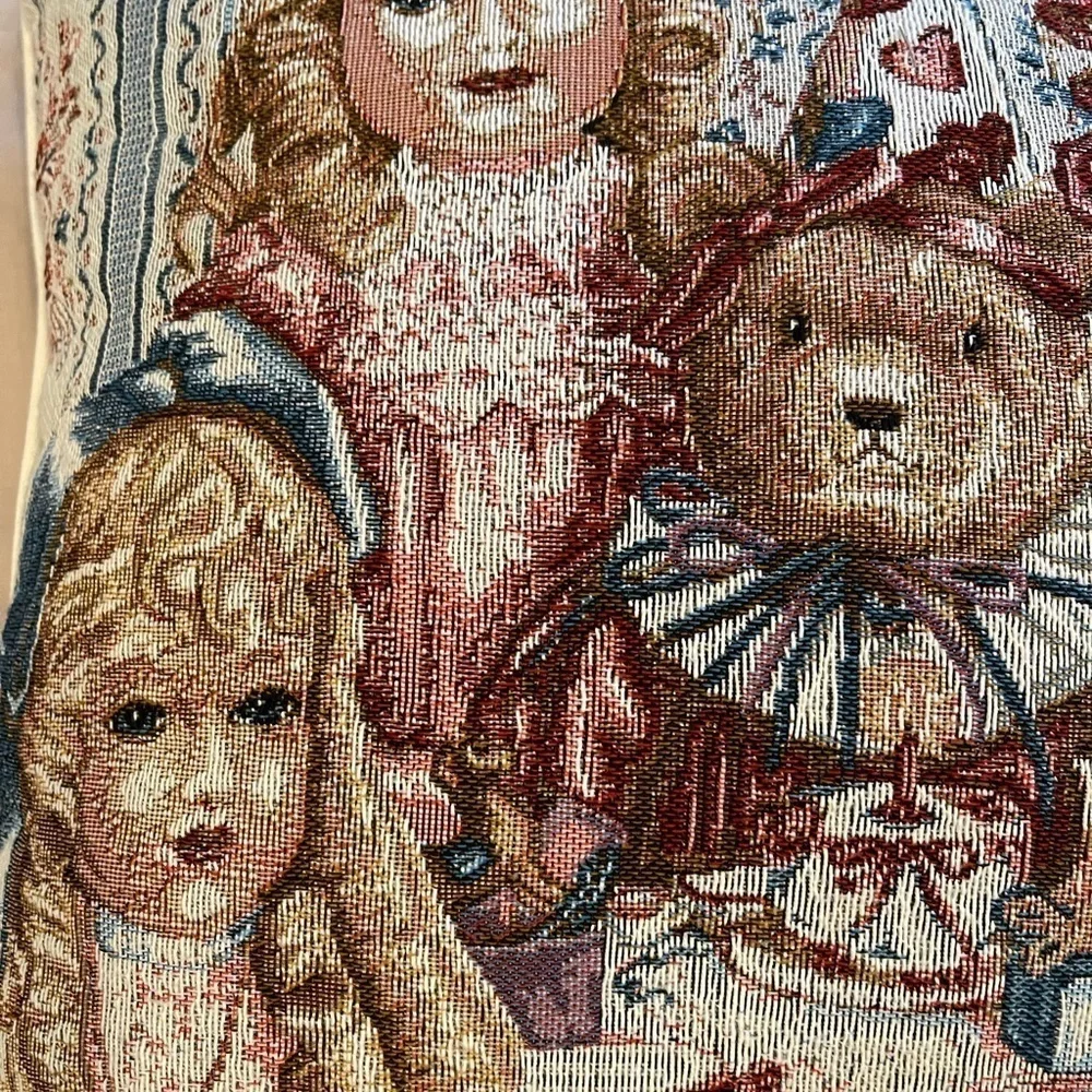 The Mary Hulgan collection by Riverdale teddy bear tea party tapestry pillow.​